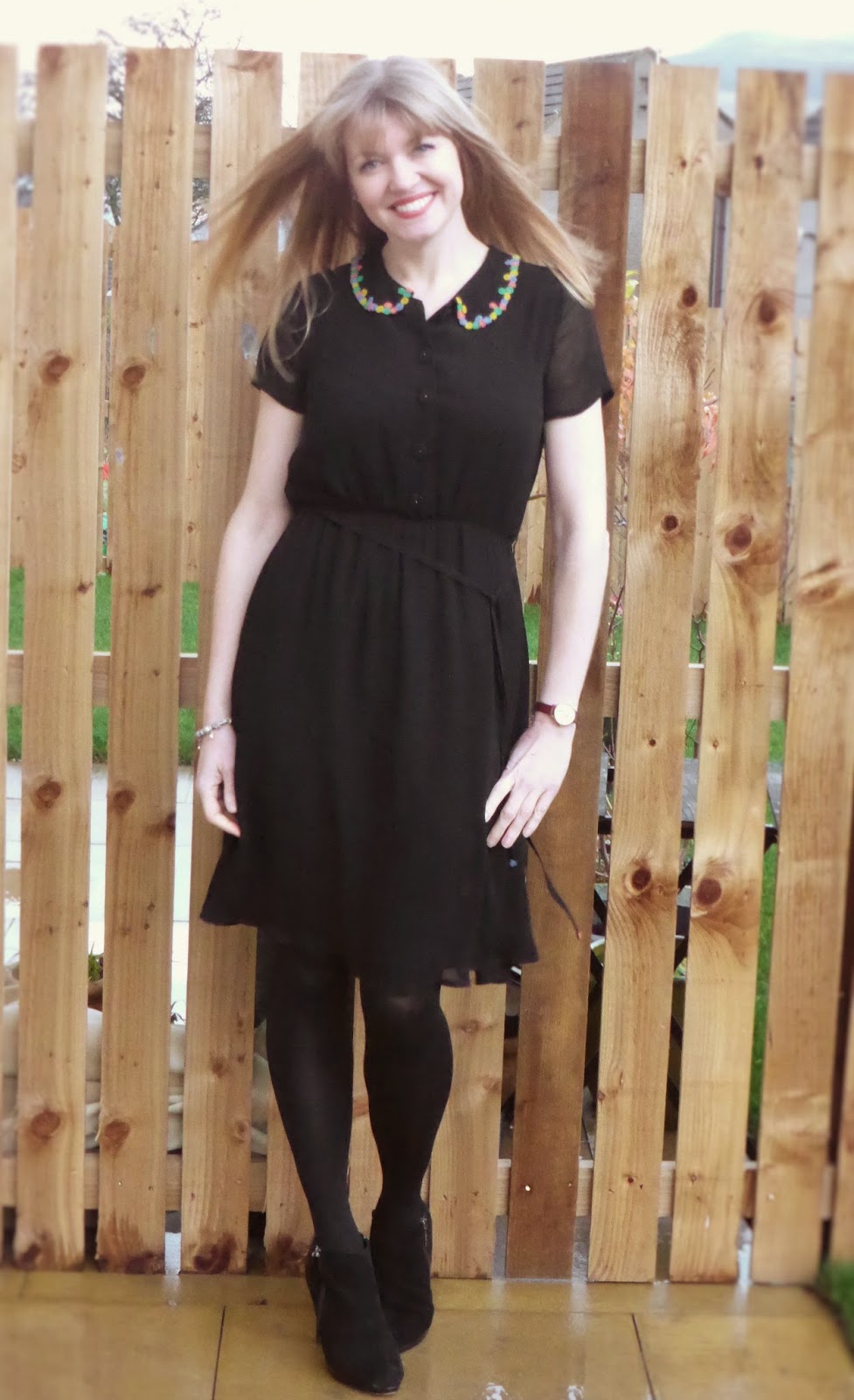 Outfit: Black Dress with Beaded Collar With a Yellow Bowling Bag - What  Lizzy Loves