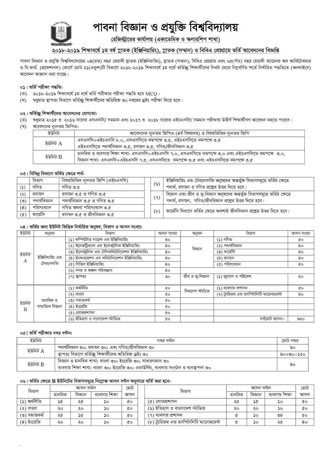Pabna University of Science & Technology (PUST) Admission Test Circular 2018-2019