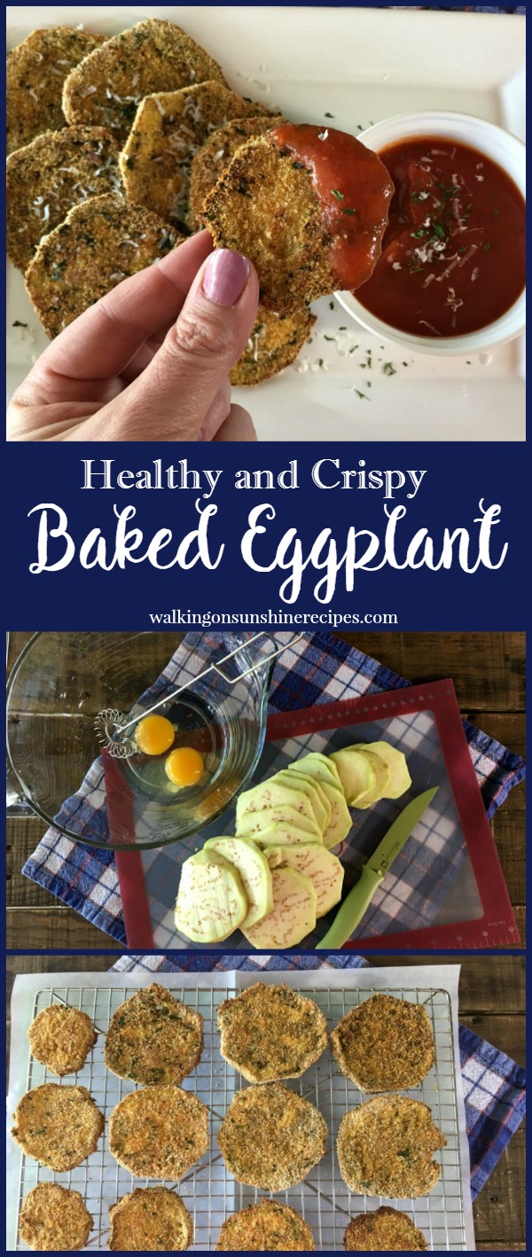 Healthy Baked Crispy Eggplant from Walking on Sunshine. Perfect all by themselves or dipped in homemade tomato sauce, healthy baked crispy eggplant slices is the perfect appetizer or treat from Walking on Sunshine.