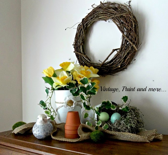 Spring Vignette - spring flower decor, burlap ribbon, grapvine wreath