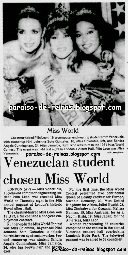 Venezuela un Paraíso de Reinas Recuerdos del Miss Mundo 1981... Pilín