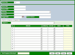 Form Input Data Transaksi NPD Aplikasi Excel Nota Pencairan Dana dan SPTJB