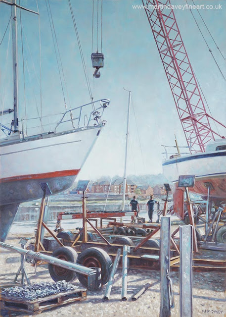 oil painting yacht on harbour men working art M P Davey