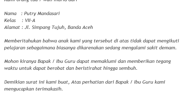 Contoh Surat Izin Tidak Masuk Sekolah Karena Sakit