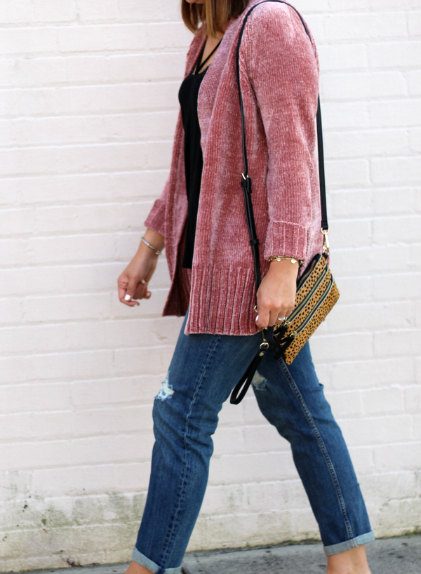 blush pink chenille cardigan, the best boyfriend jeans, style on a budget, north carolina blogger