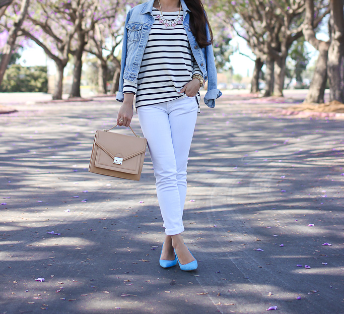 AG cigarette stilt roll up white jeans Ann Taylor stripe shoulder zip cotton top BP leaf necklace H&M white straw hat with pink ribbon Jcrew blue elsie suede pumps Kate Spade seaport faux pearl stud earrings Loeffler Randall rider bag