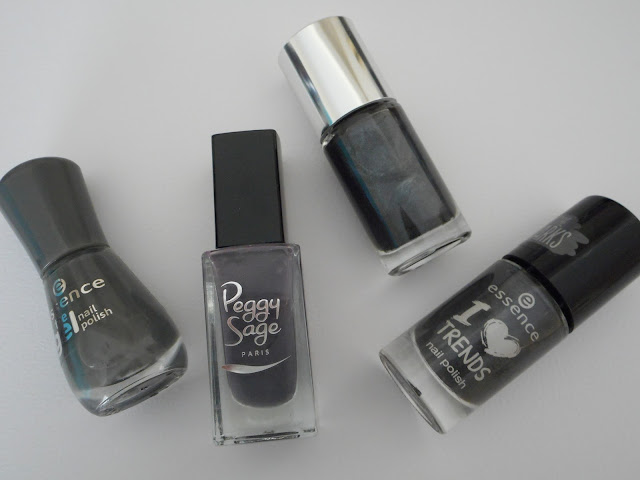 Essence #53 rock my world!, Peggy Sage smoky mat #322, Clinique #32 made of steel, Essence #19 gray matters