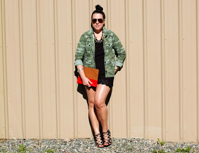 Gap camouflage jacket, Forever 21 romper,Gap two-tone leather clutch and Prabal Gurung for Target heels.