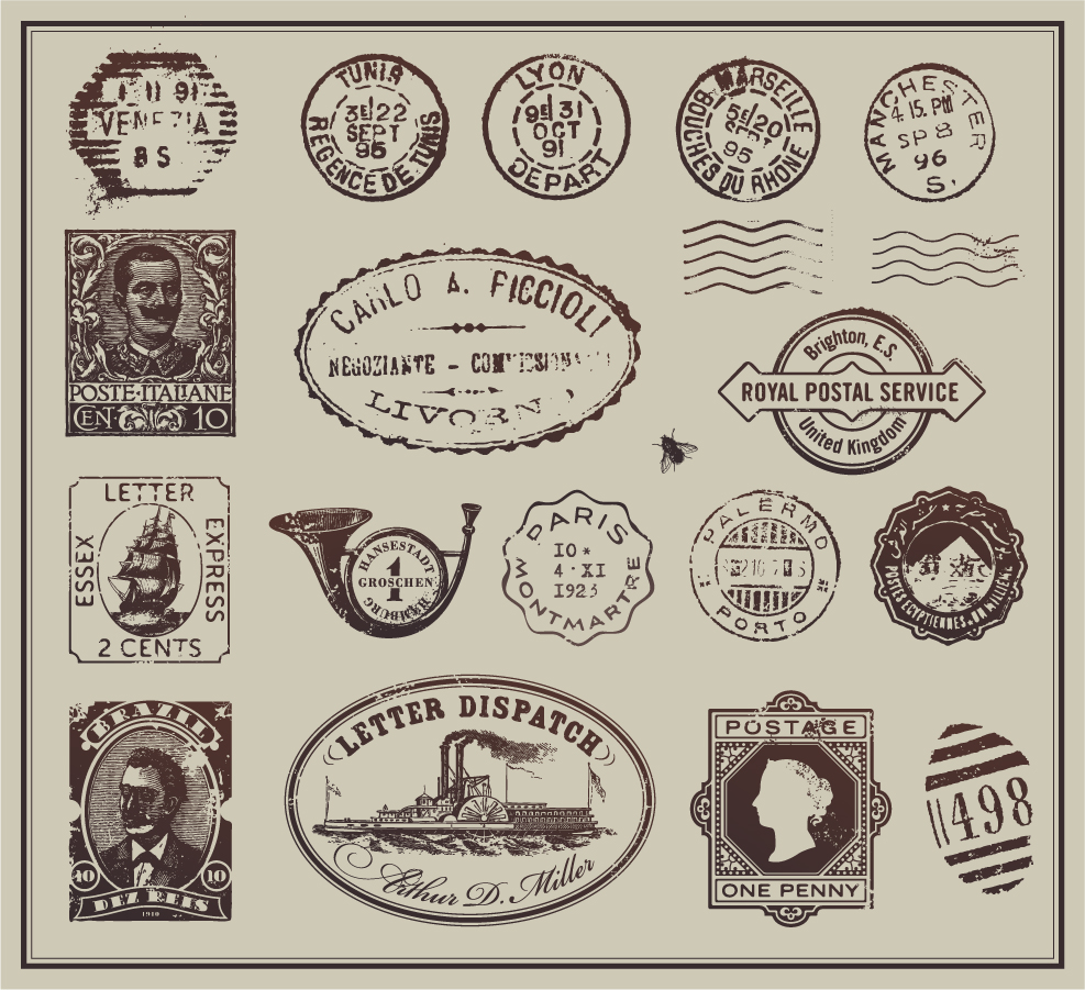 ヴィンテージな郵便切手とスタンプ vintage postage stamps イラスト素材