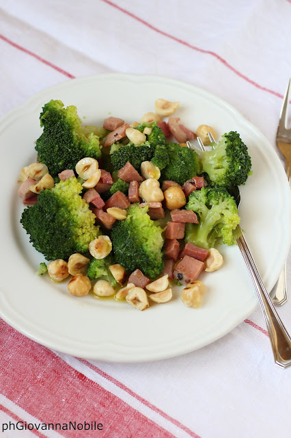 Broccoli con lardomagro Lenti e nocciole tostate
