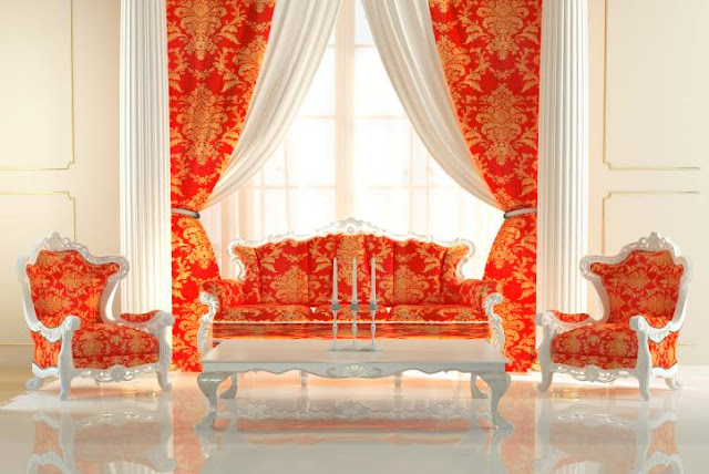Modern living room curtains in orange theme with matching sofa set Modern living room curtains in orange theme with matching sofa set