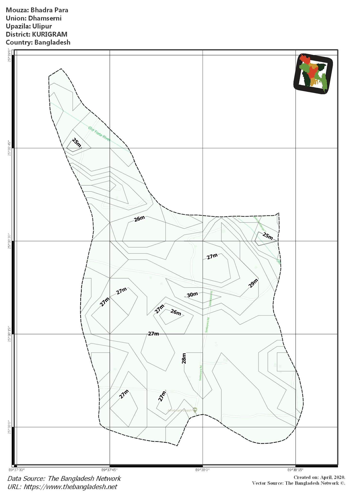 Map of Bhadra Para Mouza of Ulipur Upazila, KURIGRAM, Bangladesh.