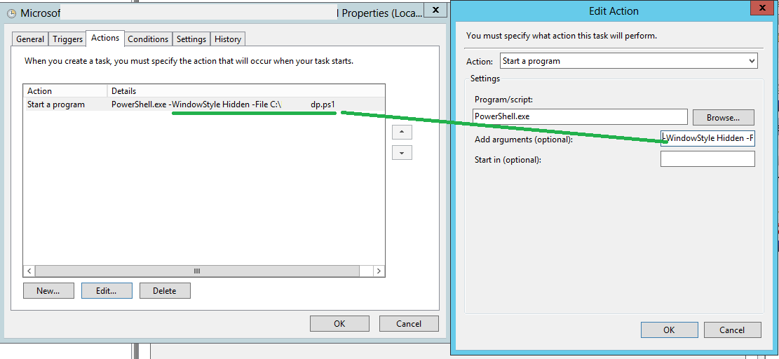 task scheduler arguments list powershell script to create scheduled task