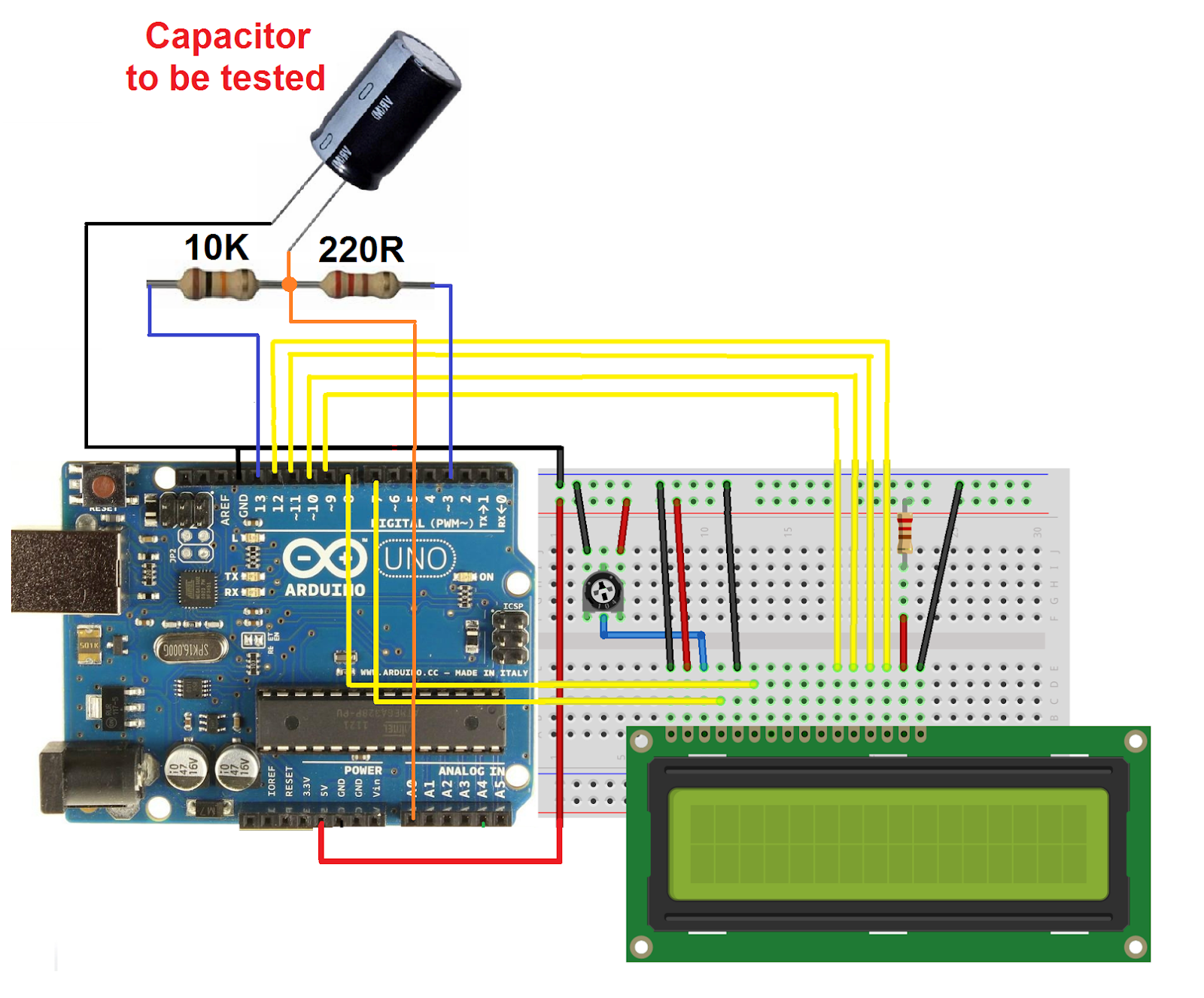 Arduino Capacitor tester with LCD Simple Projects