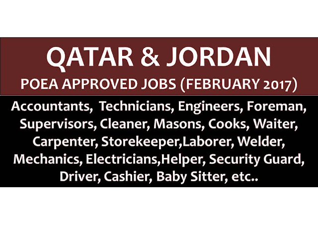 The following are jobs approved by POEA for deployment to Qatar and Jordan. Job applicants may contact the recruitment agency assigned to inquire for further information or to apply online for the job.  We are not affiliated to any of these recruitment agencies.   As per POEA, there should be no placement fee for domestic workers and seafarers. For jobs that are not exempted on placement fee, the placement fee should not exceed the one month equivalent of salary offered for the job. We encourage job applicant to report to POEA any violation on this rule.