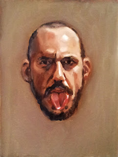 Oil painting of the head of a bearded and bald man with tongue extended