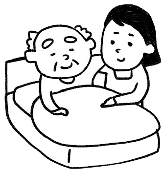 介護のイラスト「ベッドのおじいさん」 白黒線画