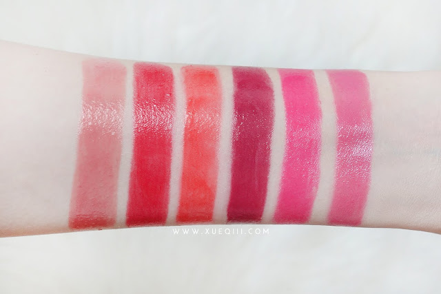L'Oreal Shine Caresse CC Genius Balm Swatches - Daydream Beige, Fearless Red, Runway Orange, Drama Burgundy, Statement Pink, Ispahan Rose