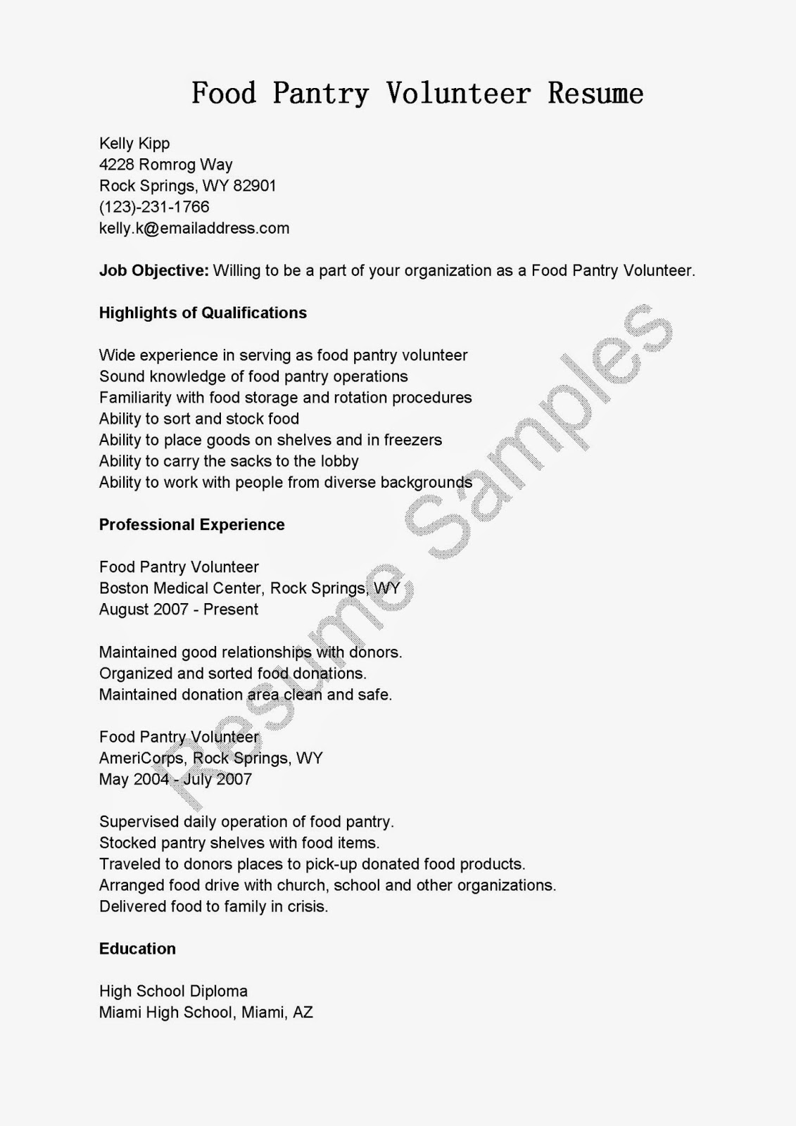 Resume Samples Food Pantry Volunteer Resume Sample