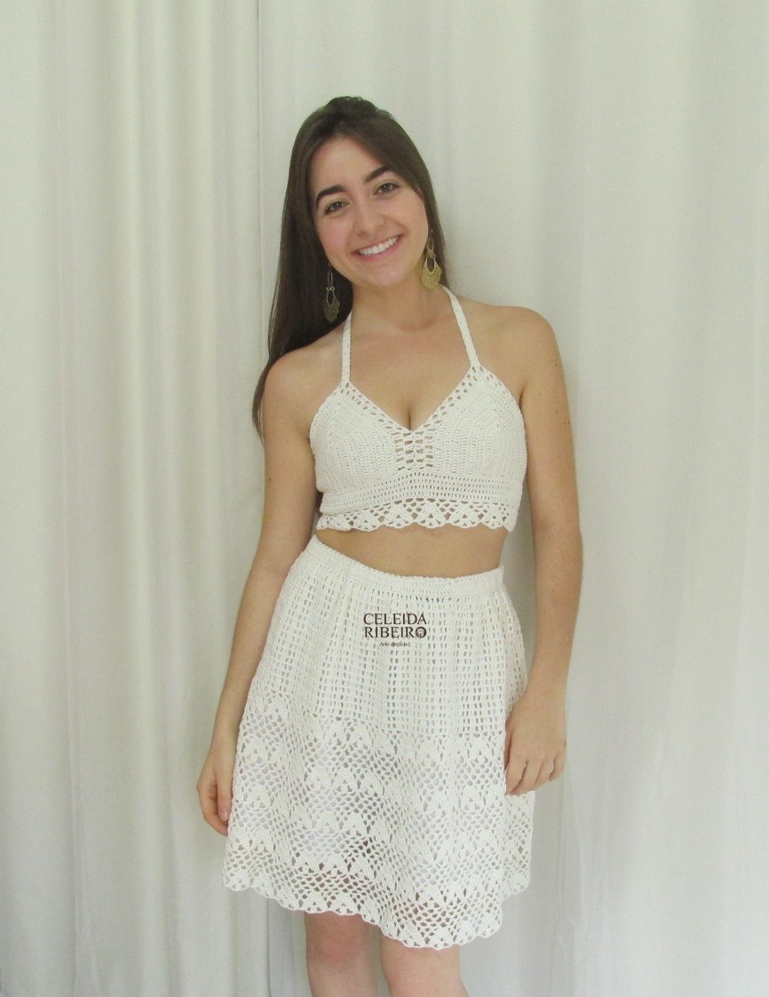cropped e saia de croche