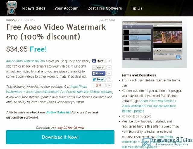 Offre promotionnelle : Aoao Video Watermark Pro gratuit !