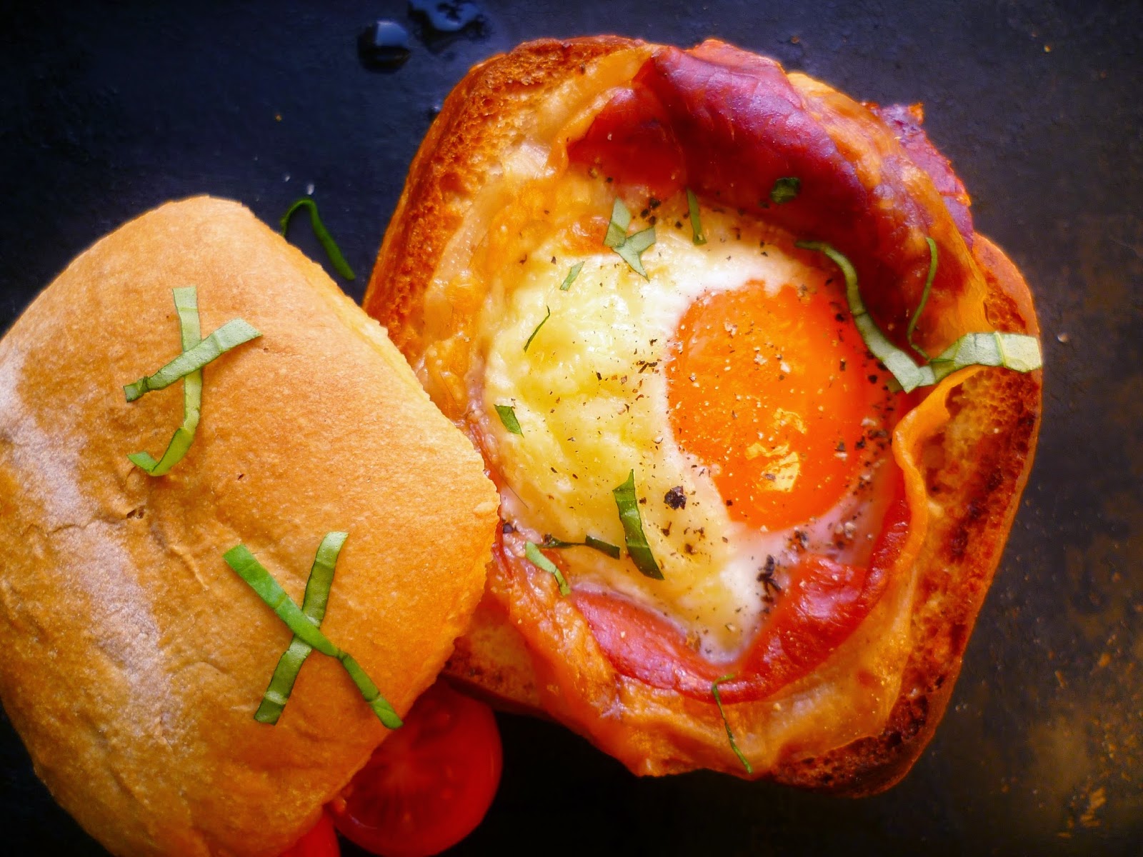 Marmaduke Scarlet fancy breakfast or brunch? baked egg and proscuitto in a bread roll