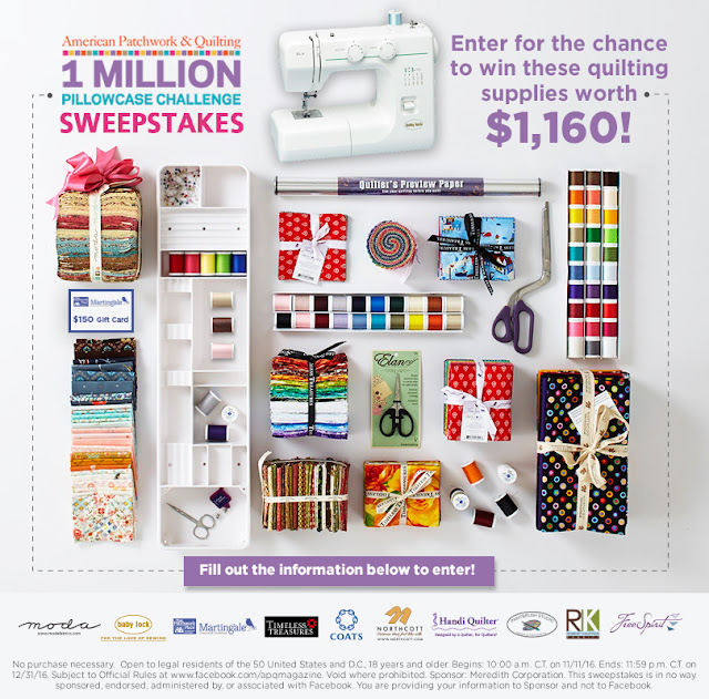 One Million Pillowcase Challenge Winter Sweepstakes American Patchwork & Quilting is giving away a ton of quilting supplies and a Baby Lock BL9 sewing machine worth over $1000 to one lucky crafter!