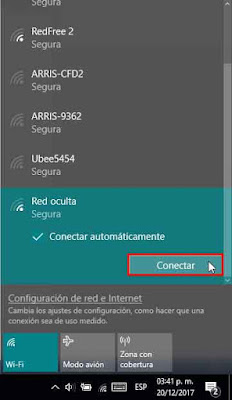 conectarse a la red oculta windows 10