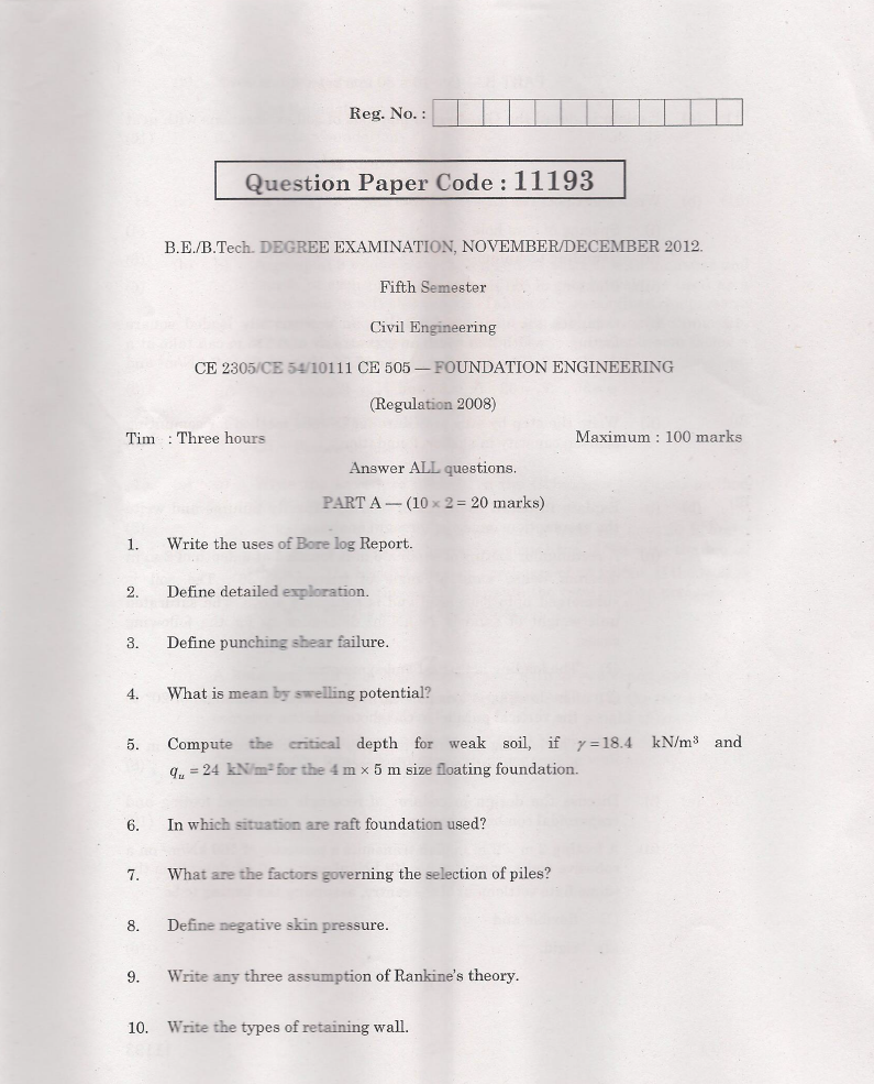 CE2305 Foundation Engineering Nov Dec 2012 Question Paper University