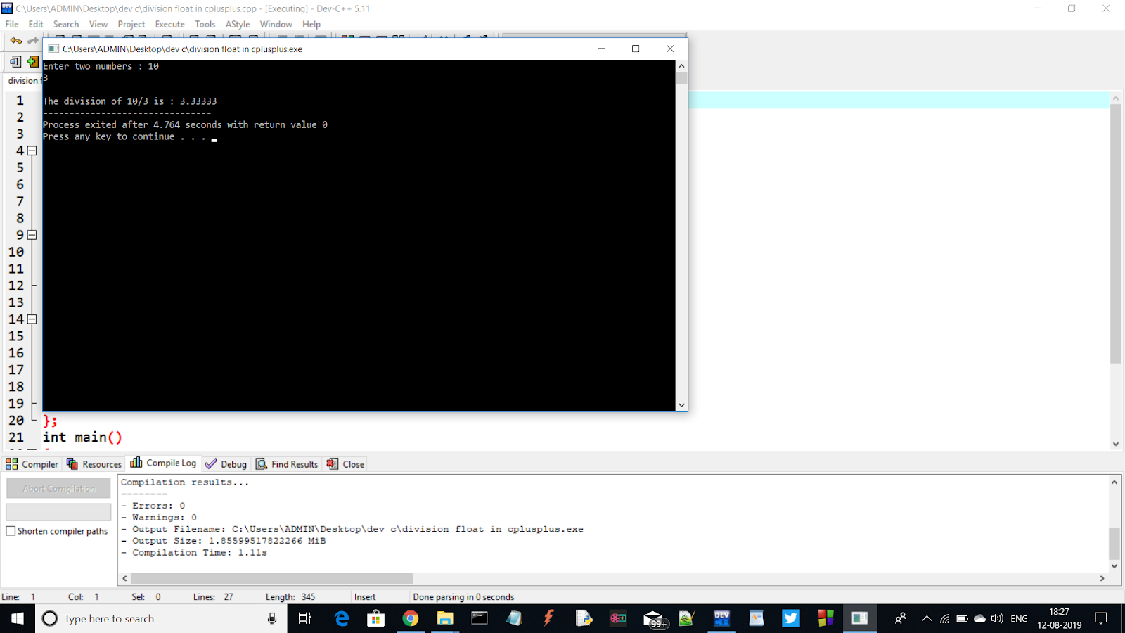 Float division in C++ without and with Class