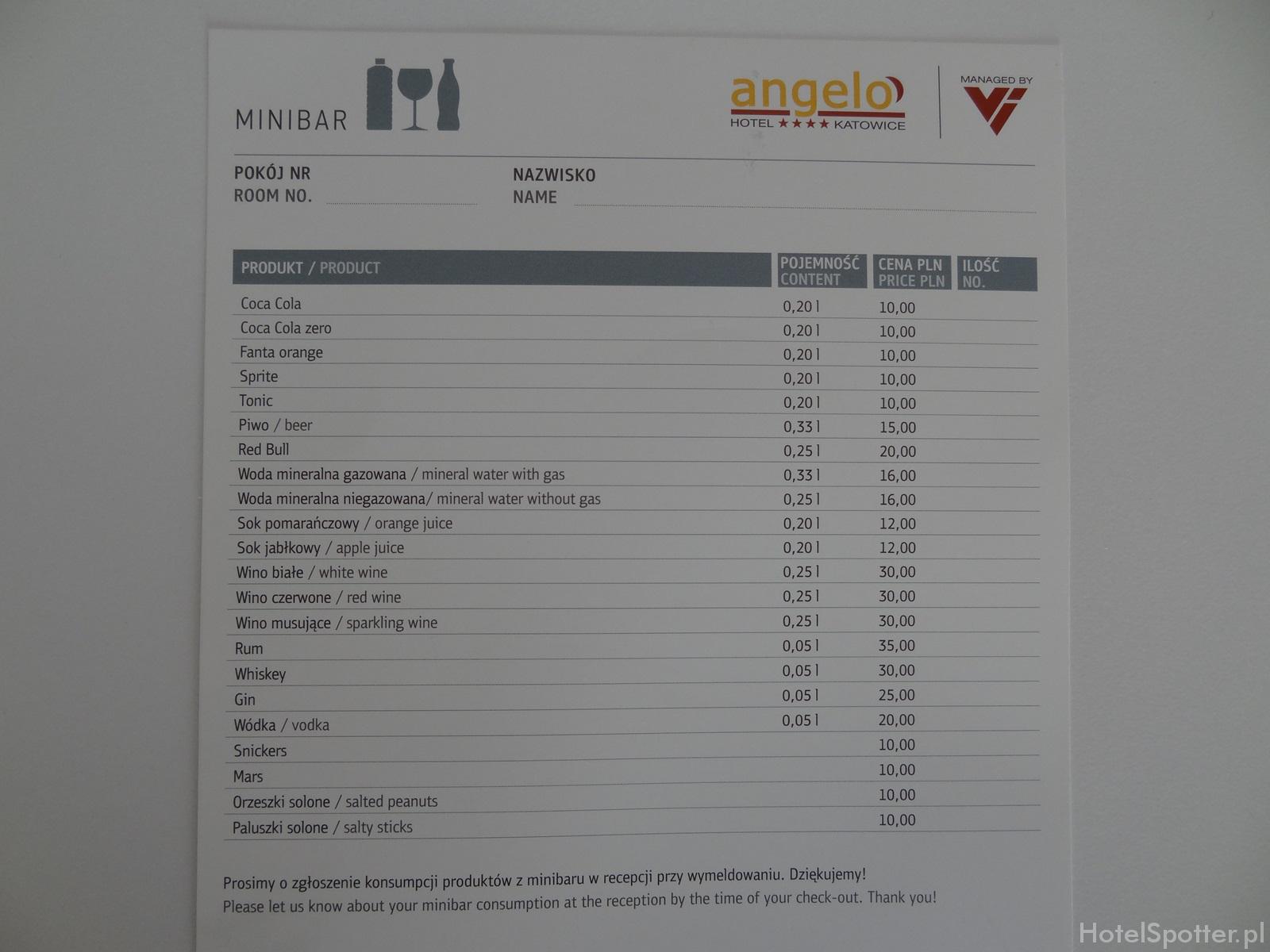 angelo Hotel Katowice - ceny minibarku