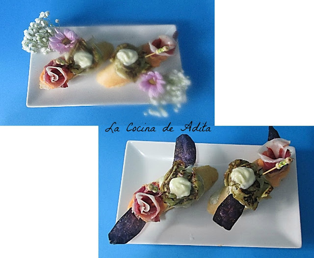 Tapa de alcachofas, con salmorejo,  flor de jamón, y chips de patatas violeta
