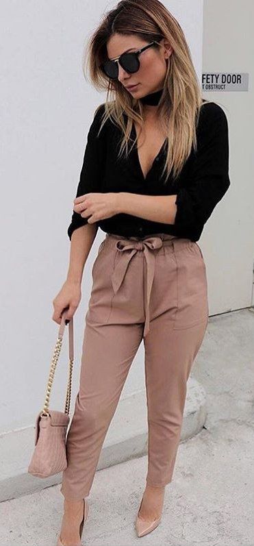 black and blush outfit idea / blouse + bag + high weist pants + heels