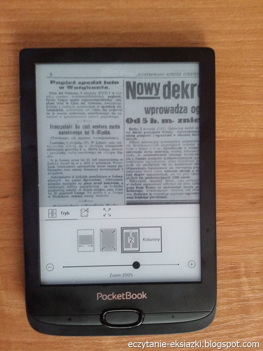 PocketBook Basic Lux 2 – plik DJVU ze stroną z gazety Ilustrowany Kuryer Codzienny w trybie kolumnowym