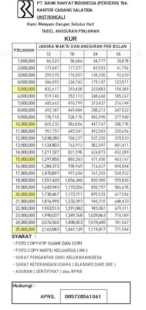 Tabel KUR BRI 2018 - Pengembangan Usaha Mikro tanpa Jaminan Tabel angsuran KUR BRI 2018