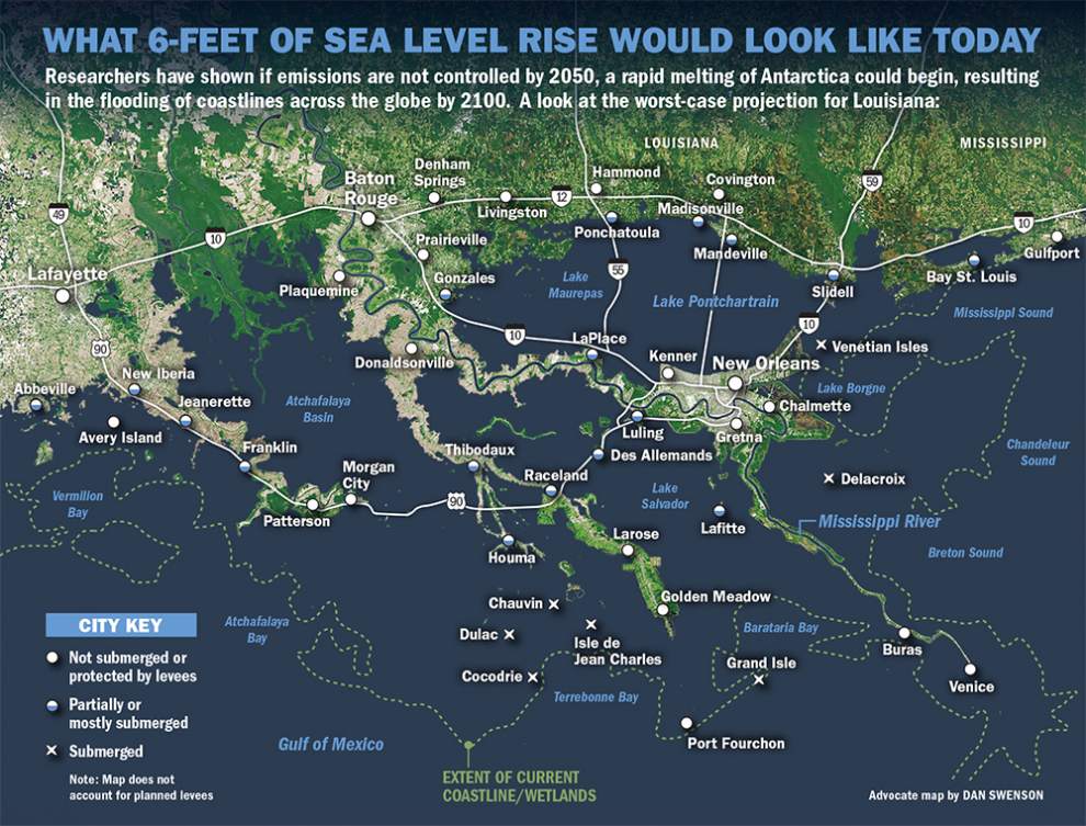 Sea Level Rise Louisiana Coast Antarctica Map Orleans Feet 2050 Above Melt ...