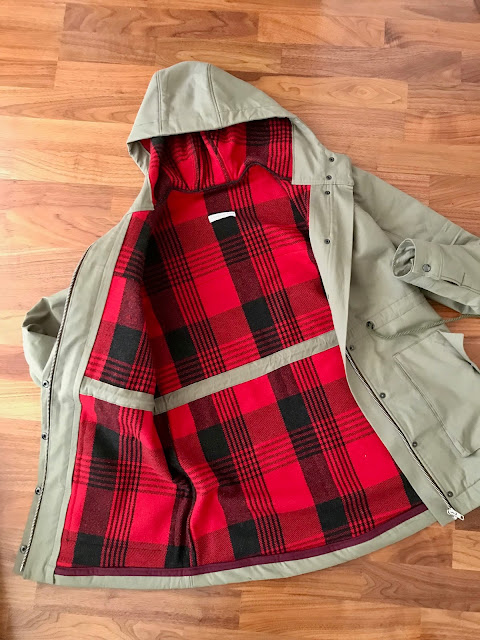 Diary of a Chain Stitcher: Closet Case Patterns Kelly Anorak in Army Green Cotton Twill from Mood Fabrics with Red Plaid Wool Flannel Underlining
