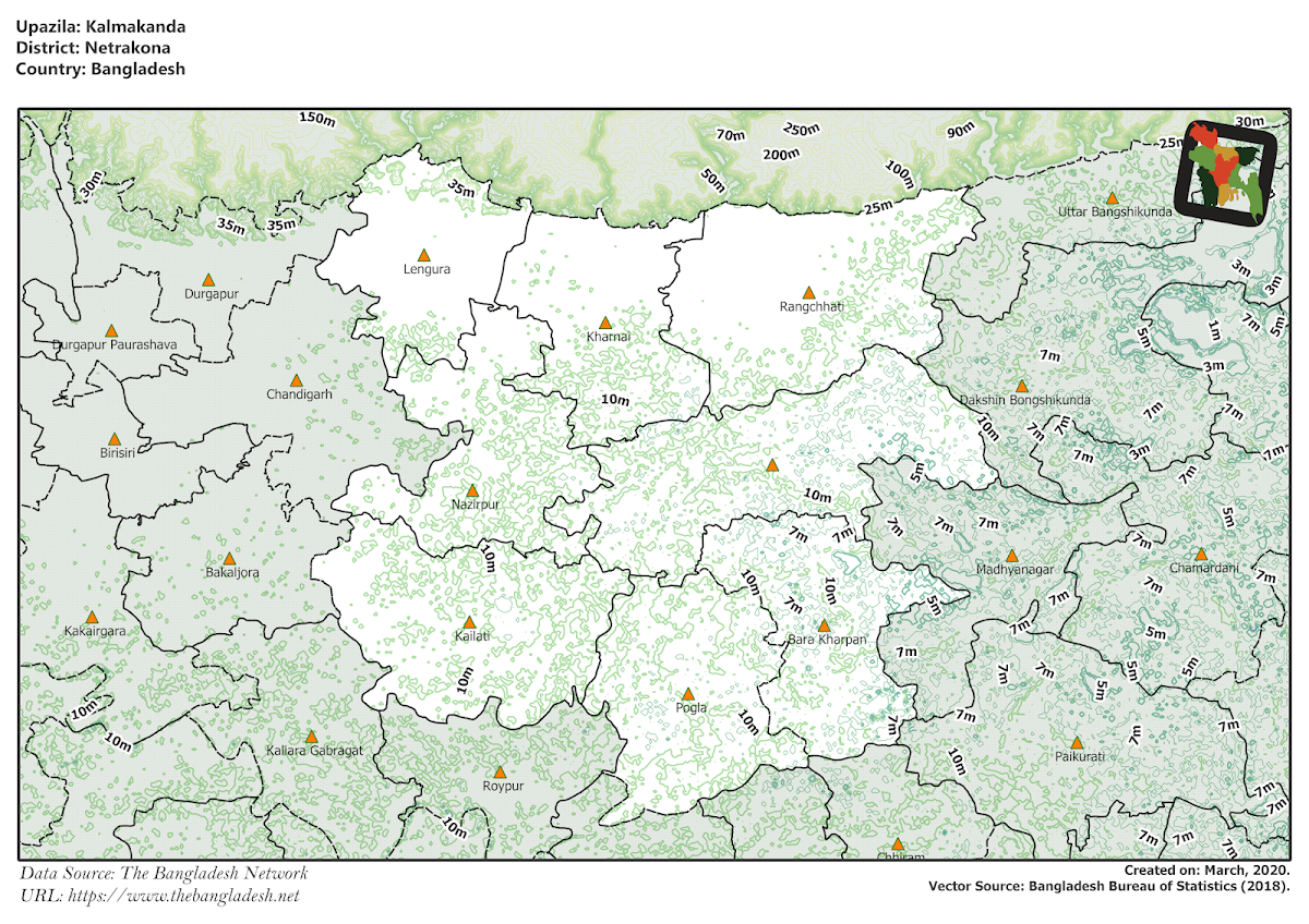 Kalmakanda Upazila Elevation Map Netrokona District Bangladesh