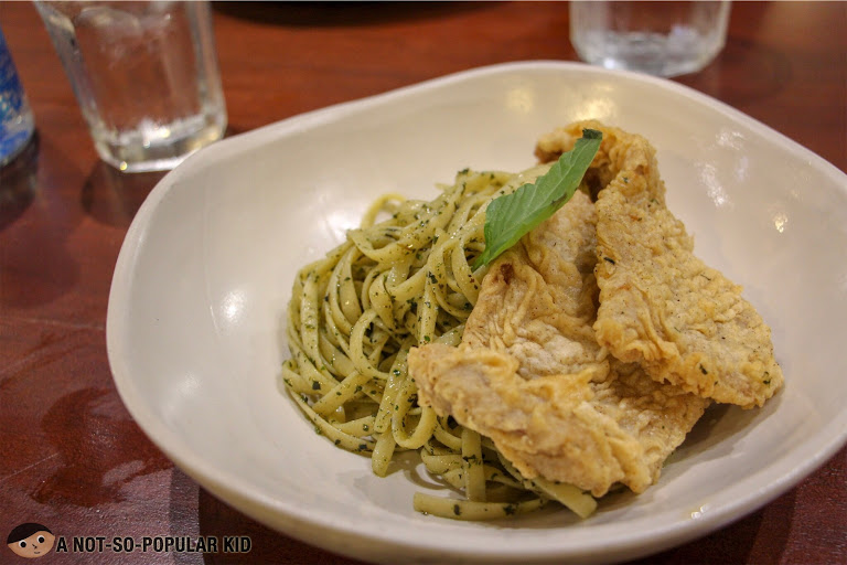 Pesto Pasta with Country Fried Steak - delicious and recommended!
