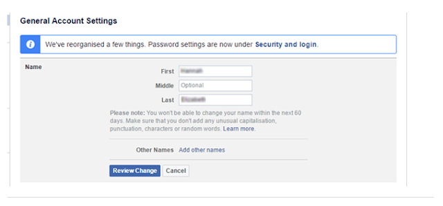 General Account Settings for change my name on my Facebook account