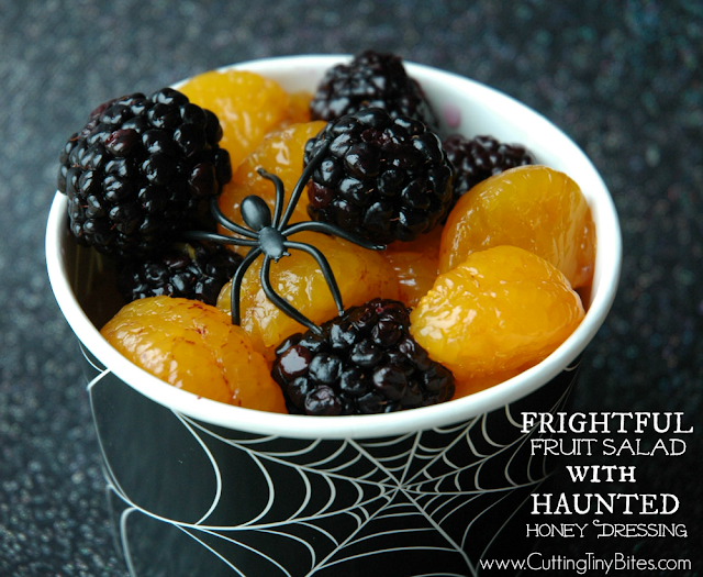 Frightful Fruit Salad With Haunted Honey Dressing. Healthy halloween snack for kids, perfect for parties!