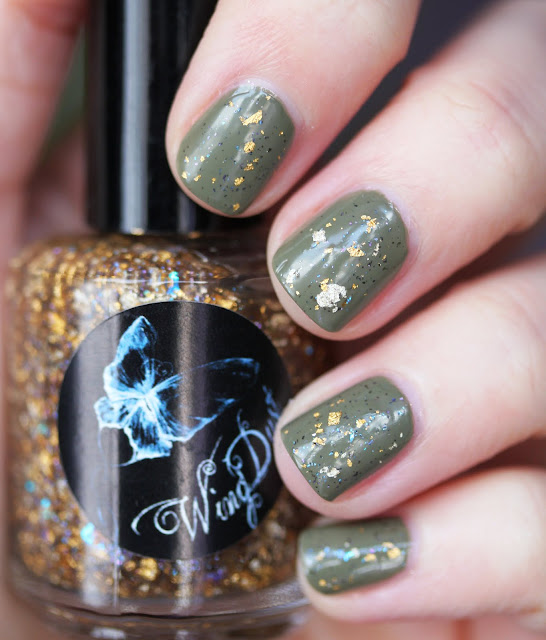 Wing Dust Creations Gilty Pleasure gold leaf nail polish topper over Chanel Khaki Vert