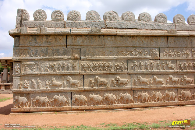 Relief sculptures on enclosure walls of Hazara Rama temple complex in Hampi, Ballari district, Karnataka, India