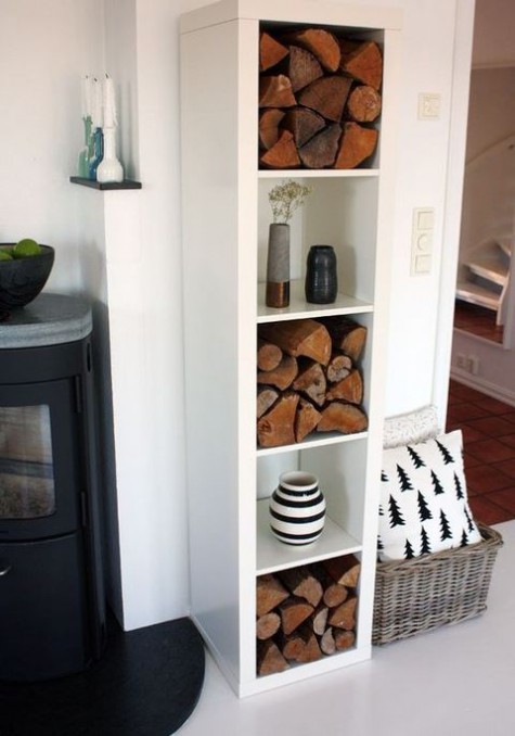Ikea hack for Kallax shelving for firewood storage - found on Hello Lovely Studio