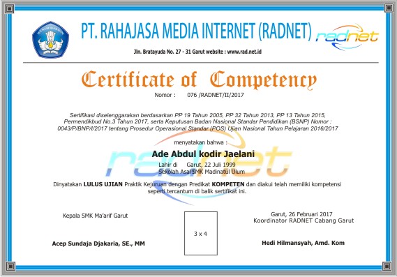 Contoh Sertifikat Uji Kompetensi Keahlian (UKK) SMK Terbaru dari TKJ