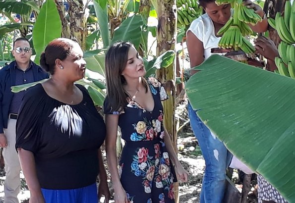 Queen Letizia of Spain visited organic banana cooperative in Tramojos de Azua town. Queen Letizia wore V-neck floral jumpsuit and Magrit pumps