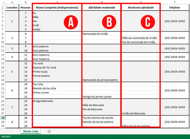 Favoritos Planilha Lista De Convidados Casamento Excel WD33 - Ivango