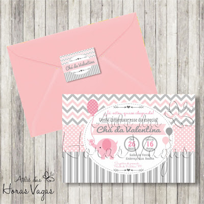 convite aniversário infantil personalizado artesanal chá de bebê fraldas menina elefantinho elefante cinza rosa festa envelope tag adesivo