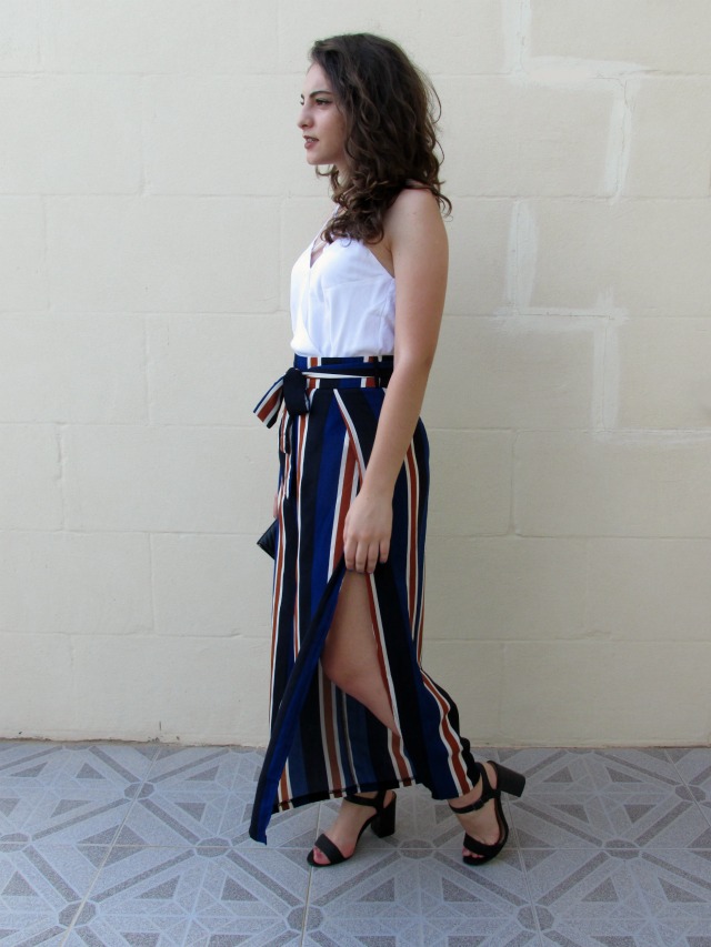 Striped palazzo pants, how to style wide trousers, white cami top, dressfo review