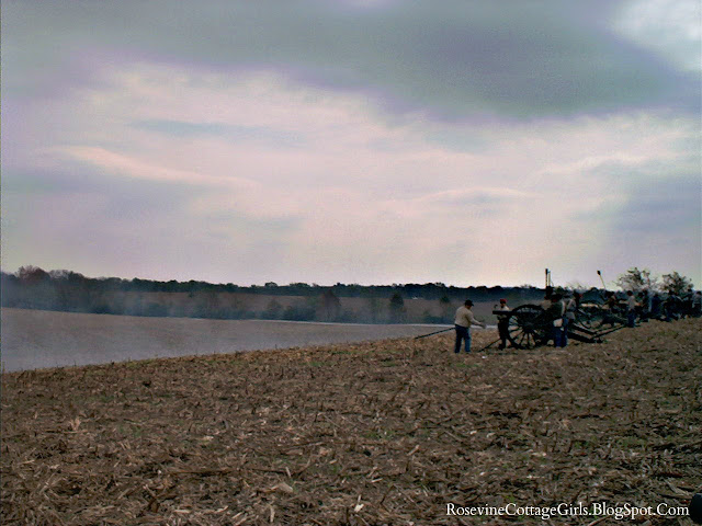 The photo is of a fall day with steely gray clouds in the sky. It is a cornfield that has had all of the corn shorn and all that is left are the browning stubs of corn across the field. A row of cannons stand to the right of the picture and each one has a team of soldiers working them preparing for the next firing. What looks like gray fog floats across the cornfield before them creating an ominous gloom. It is not fog but the smoke from the cannons. This is a picture from the reenactment of the Battle of Spring Hill Tennessee by rosevinecottagegirls.com